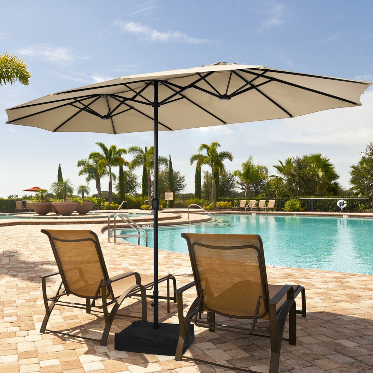 15 Ft Double-Sided Patio Twin Umbrella Extra-Large Market Umbrella W/ Base